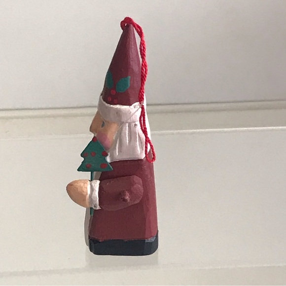 Hand Painted Wooden Santa Claus Carrying a Metal Christmas Tree VTG Ornament - Picture 12 of 15